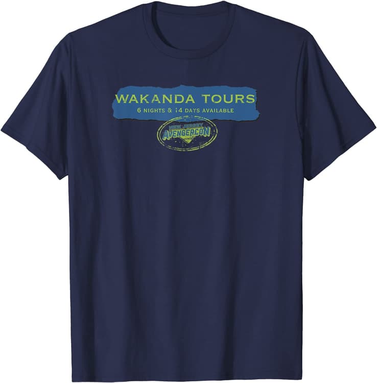 WAKANDA TOURS t-shirt / shop it <a href=https://www.amazon.com/Marvel-Wakanda-Tours-Avengercon-T-Shirt/dp/B09YSZM3TL>here</a>