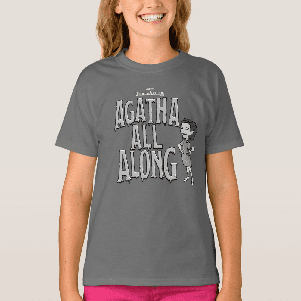 <a href=https://www.zazzle.com/agatha_all_along_t_shirt-235079500831828751>’Agatha All Along’ Girls T-Shirt</a> / Zazzle