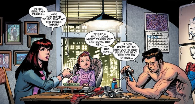 Peter and MJ’s family of three in AMAZING SPIDER-MAN: RENEW YOUR VOWS (2015) #1