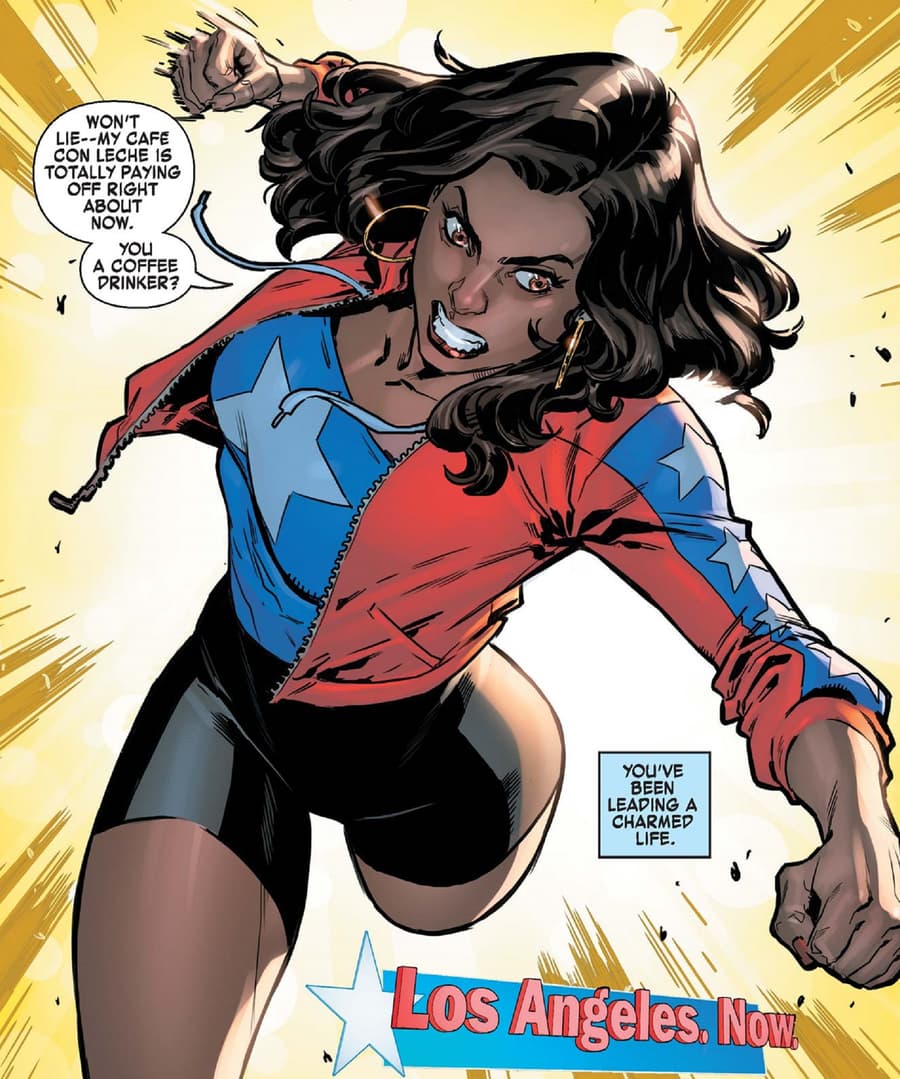 America Chavez gets ready to land a caffeinated punch.