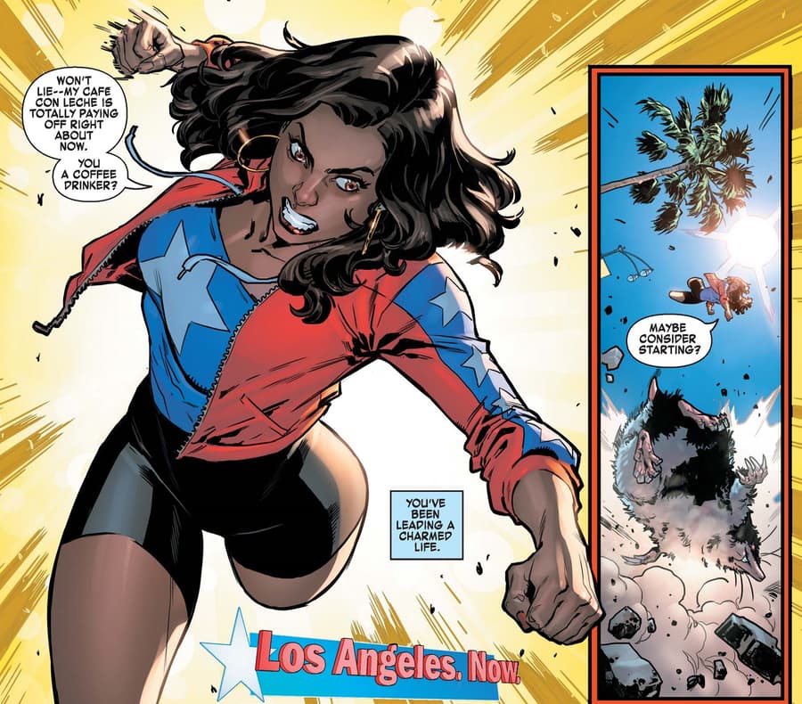 America lands a caffeinated punch in AMERICA CHAVEZ: MADE IN THE USA (2021) #1.