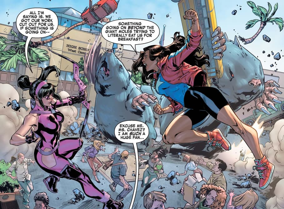 America Chavez and Kate Bishop versus giant moles.