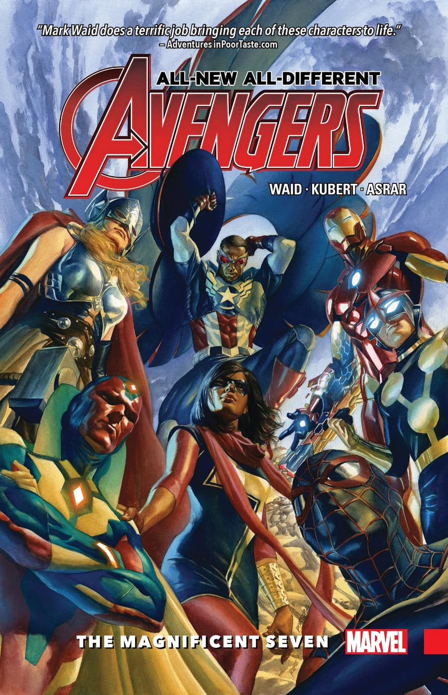 Collection cover to ALL-NEW, ALL-DIFFERENT AVENGERS VOL. 1: THE MAGNIFICENT SEVEN.