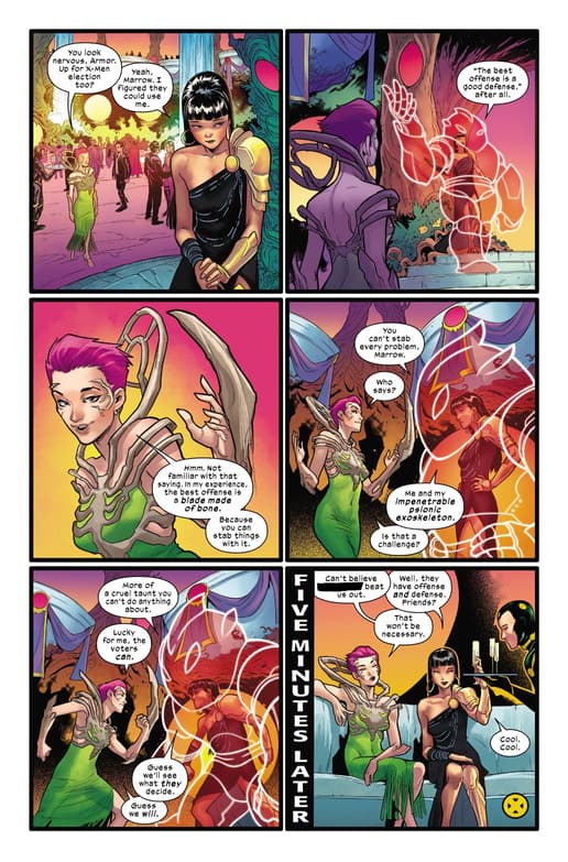 Armor and Marrow in THE BEST OFFENSE: Written by Zeb Wells, art by Emilio Laiso, colors by Rachelle Rosenberg.