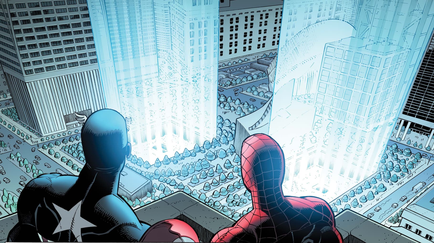 Spider-Man and Captain America pay respect to the fallen victims and heroes of 9/11.