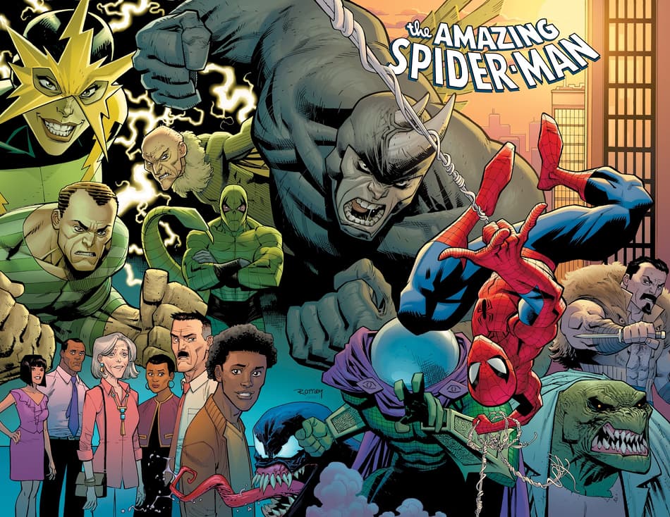 Spider-Man and his many foes on the cover of AMAZING SPIDER-MAN (2018) #1.
