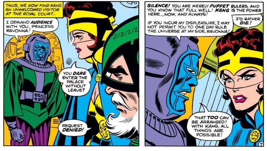 Kang makes a hasty proposal to Ravonna in AVENGERS (1963) #23.