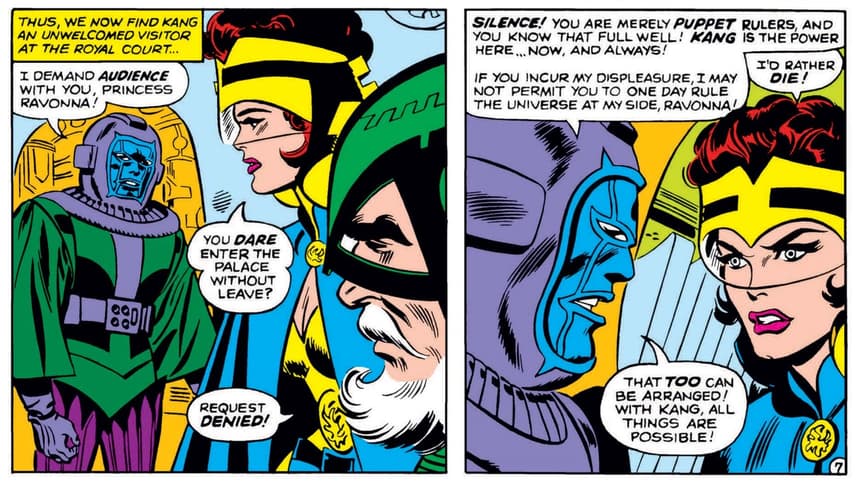 Kang's meeting with Princess Ravonna in AVENGERS (1963) #23.