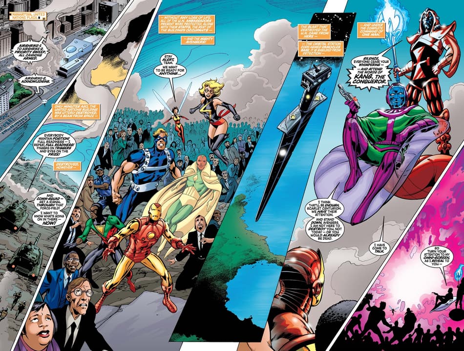 Kang's opening salvo against Earth in AVENGERS (1998) #42.