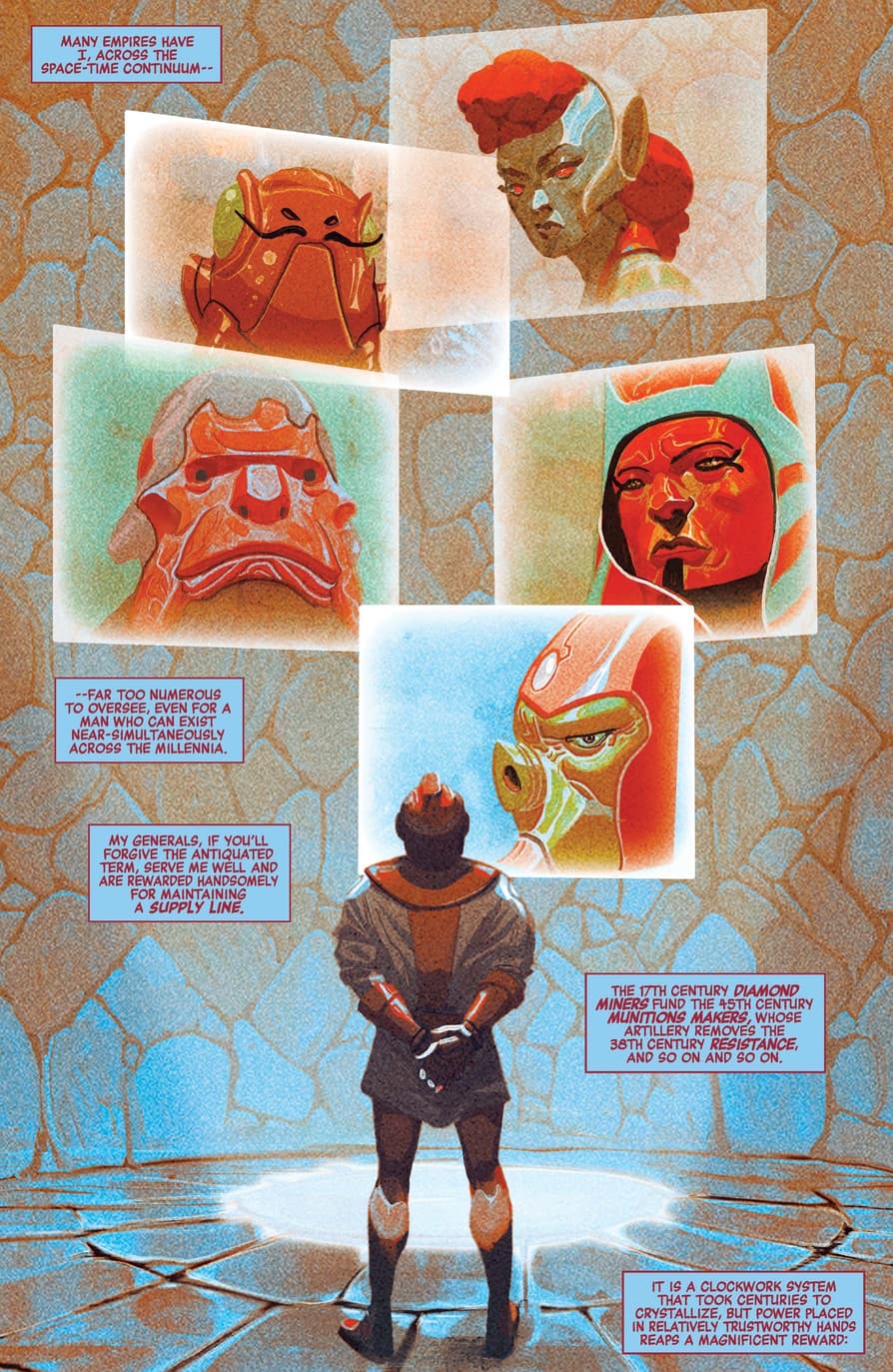 Kang views a few of his variants in AVENGERS (2016) #4.