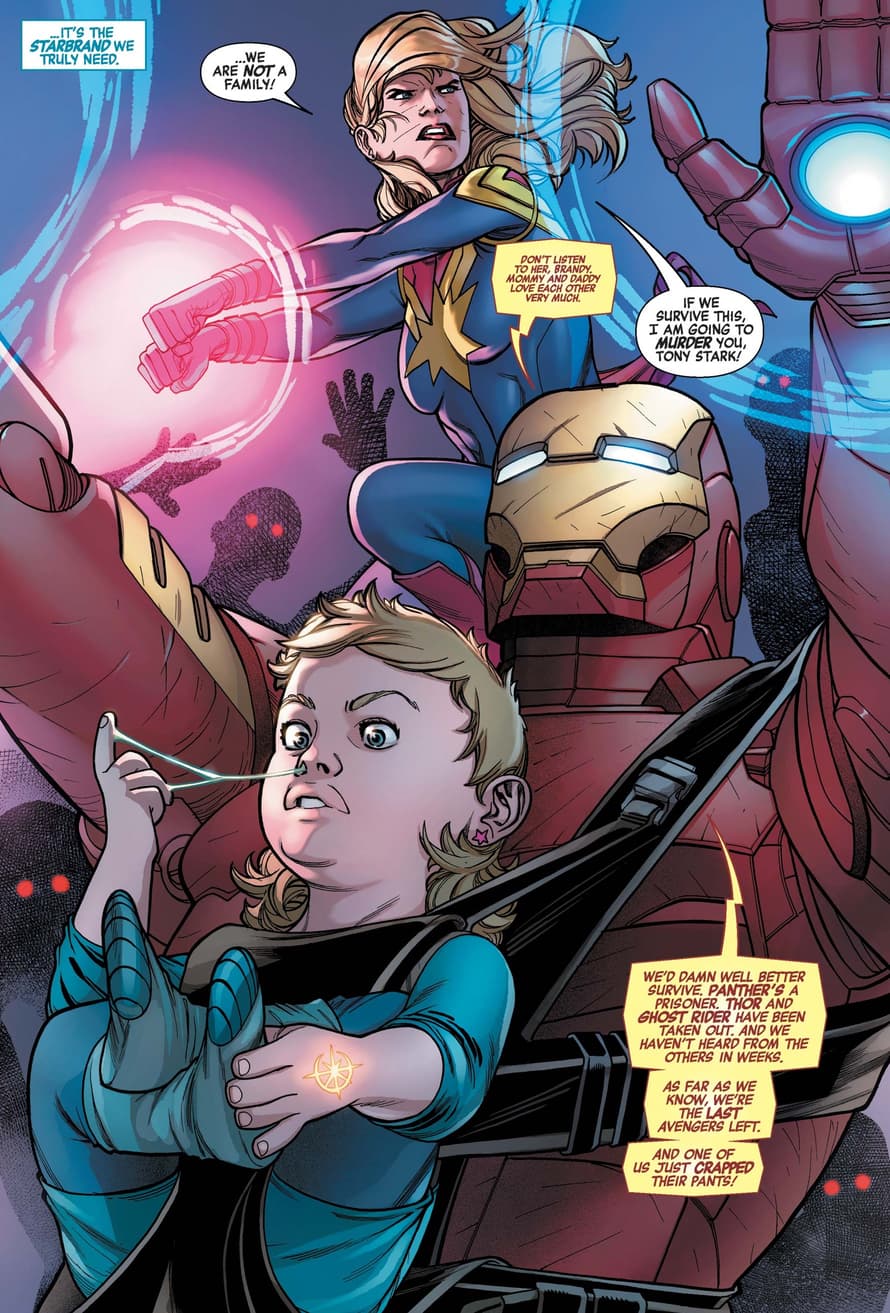 The Starbrand baby carried by Iron Man and Captain Marvel.