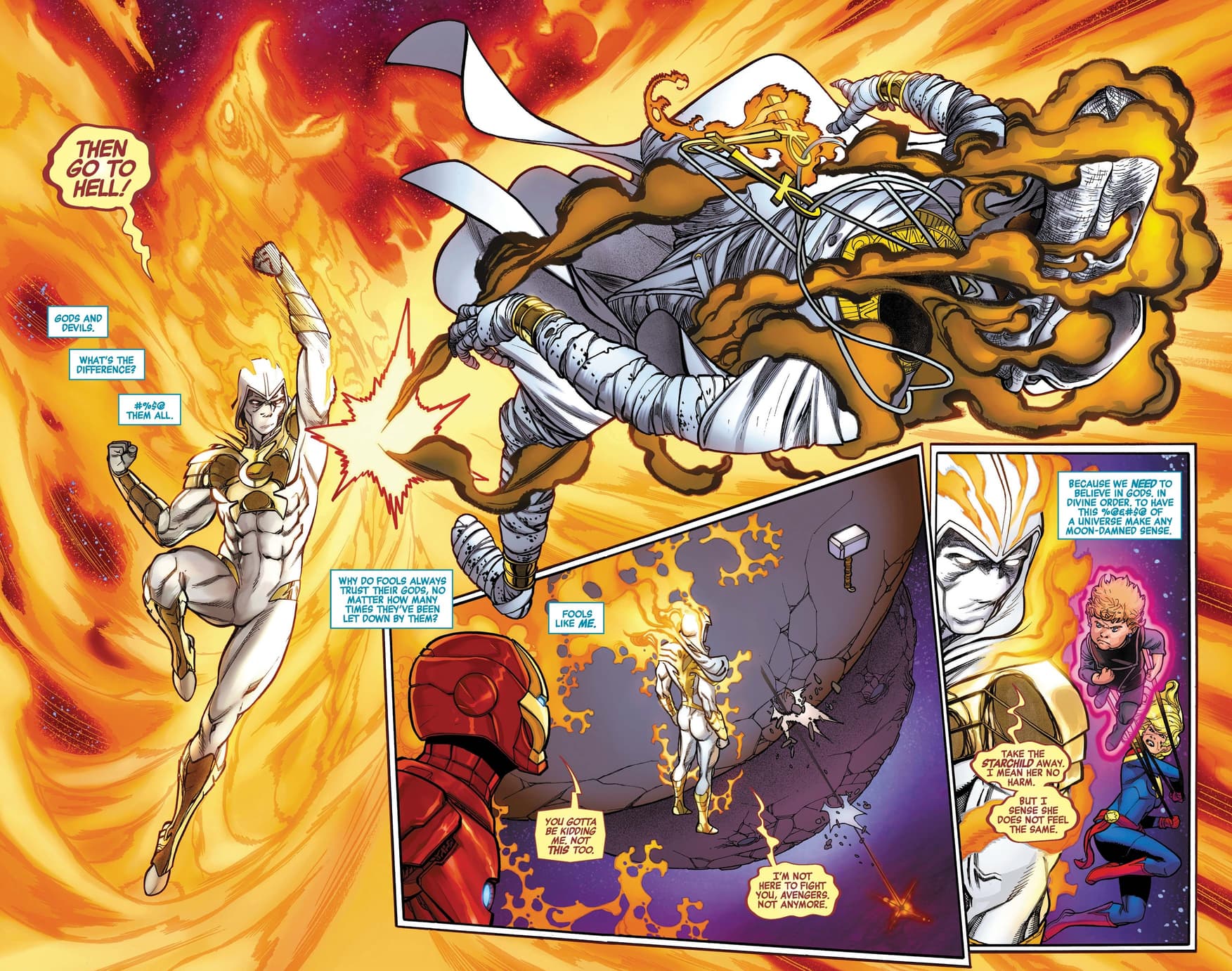 Moon Knight punches Khonshu with the power of the Phoenix.