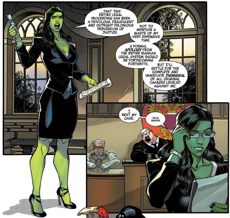 Defending herself in a court of law in AVENGERS (2018) #50.