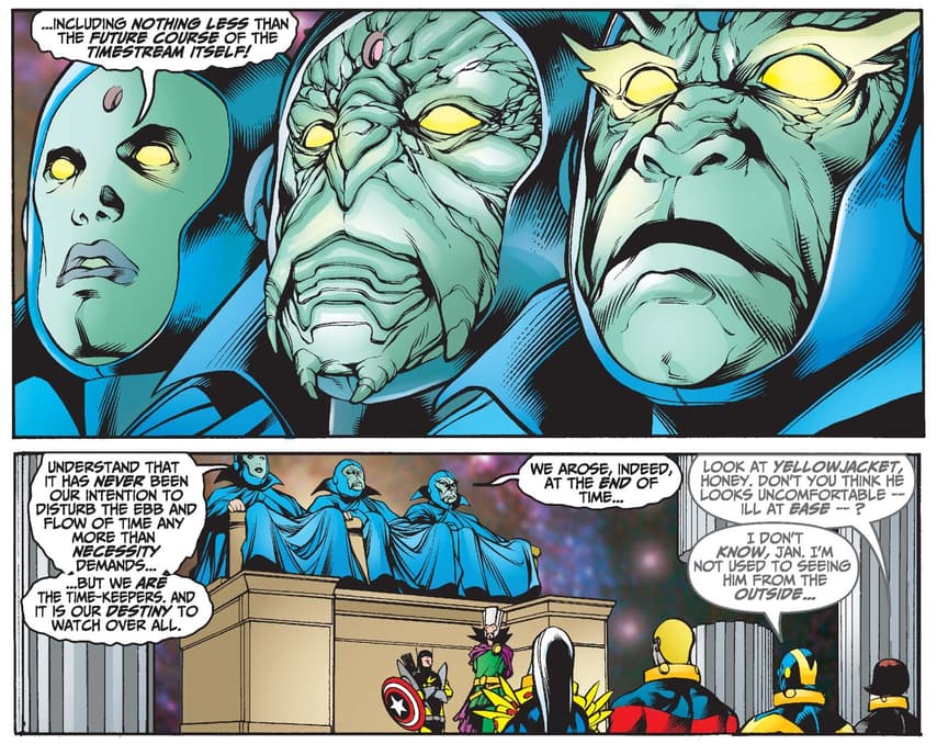 The Time-Keepers hold council and introduce themselves in AVENGERS FOREVER (1998) #10.