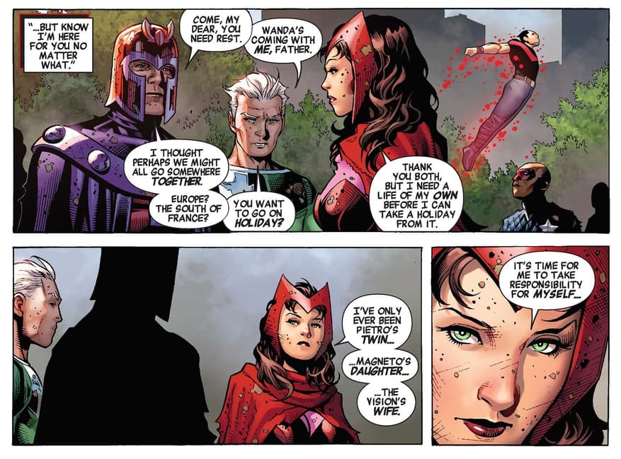 Magneto asks Wanda if she needs a vacation in AVENGERS: THE CHILDREN'S CRUSADE (2010) #9.