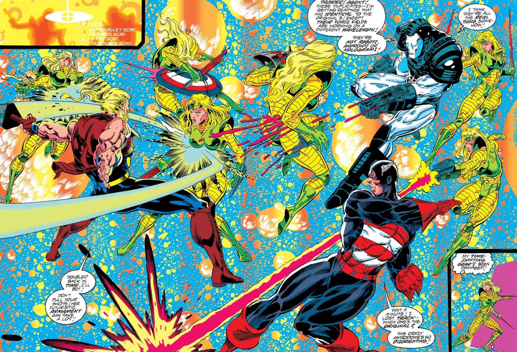 Ravonna fights the Avenger with time duplicates in AVENGERS: THE TERMINATRIX OBJECTIVE (1993) #1.