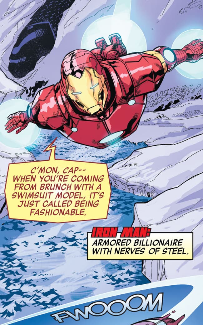 Iron Man flies into his sparring session against Captain America.