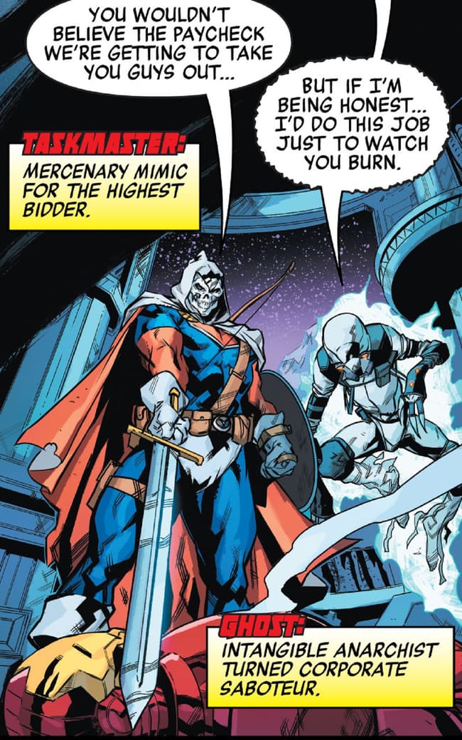 Taskmaster and Ghost drop in on Iron Man and Cap.