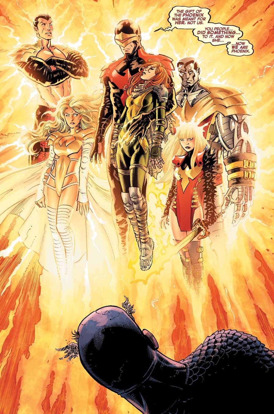 The first appearance of the Phoenix Five in AVENGERS VS. X-MEN (2012) #5. Art by John Romita Jr. 