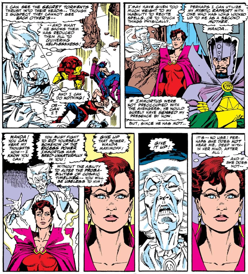 Agatha teases out Wanda’s hidden memories to the surface in WEST COAST AVENGERS (1985) #62.