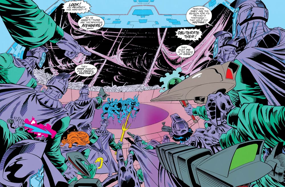 The Avengers interrupt a council meeting in AVENGERS: THE TERMINATRIX OBJECTIVE (1993) #2.