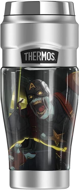 Zombie Captain America, Stainless Steel Travel Tumbler, Vacuum insulated & Double Wall, 16oz / shop it <a href="https://www.amazon.com/Captain-THERMOS-STAINLESS-Stainless-insulated/dp/B09BZYB33K">here</a>