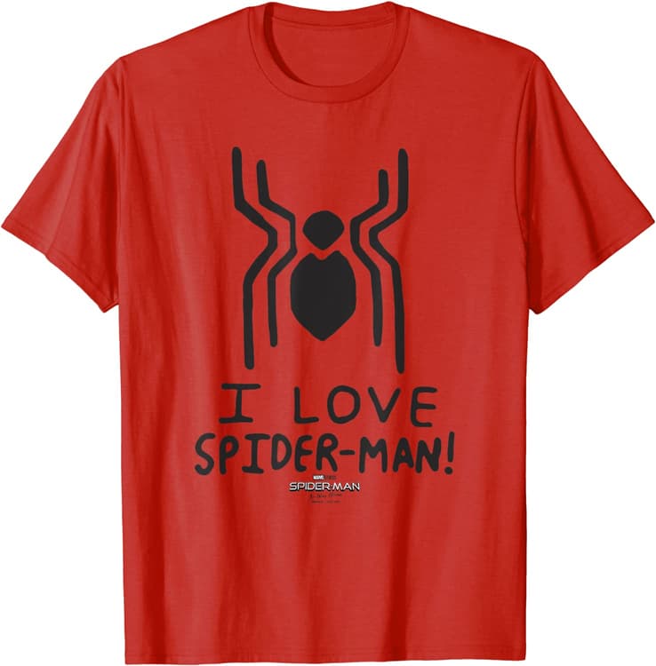‘I Love Spider-Man’ Logo T-Shirt / shop it <a href=https://www.amazon.com/Marvel-Spider-Man-Home-Love-T-Shirt/dp/B09BK9ZLSG>here</a>