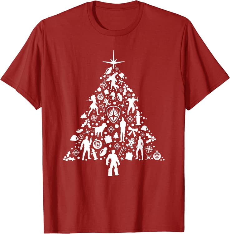 Guardians tree t-shirt / shop it <a href=https://www.amazon.com/Marvel-Guardians-Holiday-Special-T-Shirt/dp/B0BCHB14FF>here</a>