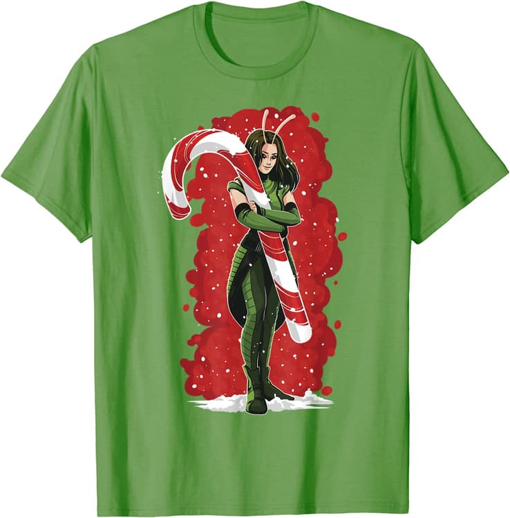 Mantis candy cane t-shirt / shop it <a href=https://www.amazon.com/Marvel-Guardians-Holiday-Special-T-Shirt/dp/B0BCC3VLYF>here</a>