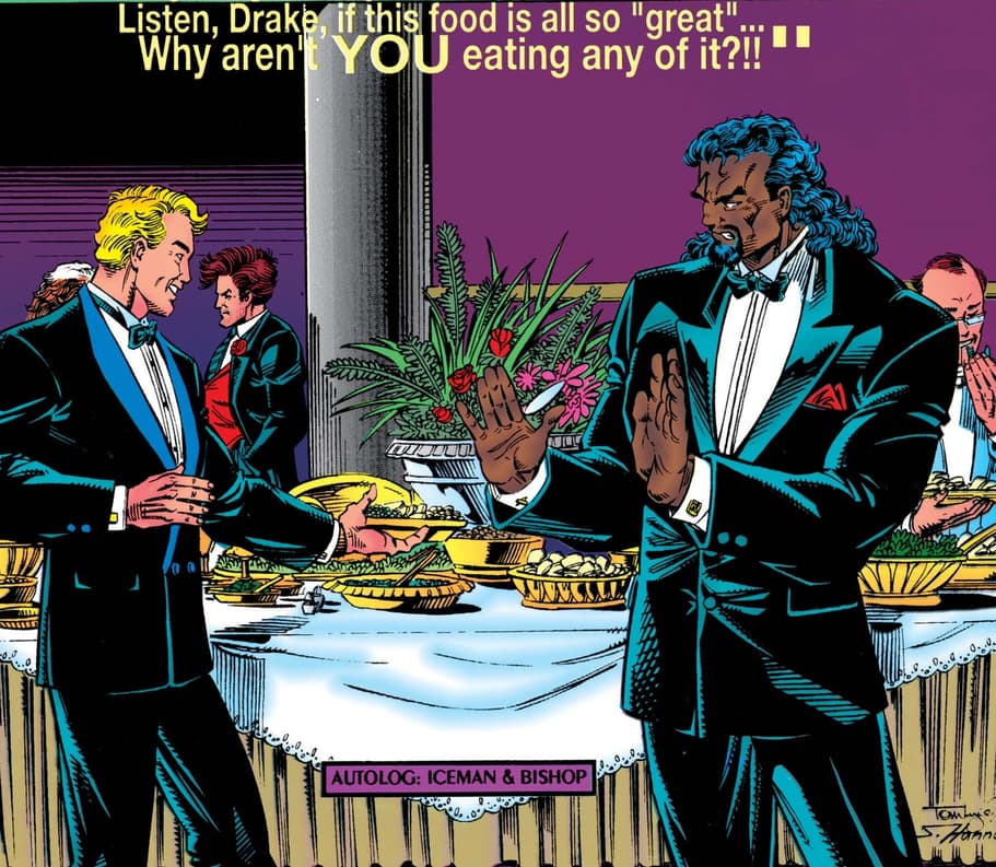Bishop questions the reception's buffet in X-MEN: THE WEDDING ALBUM (1994) #1.