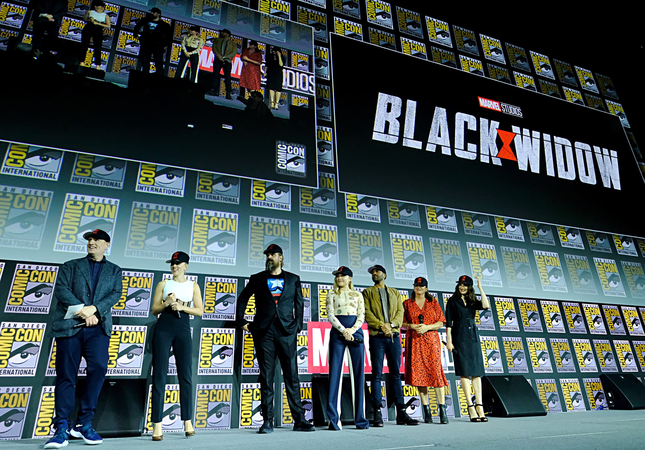 Kevin Feige and the cast of Black Widow