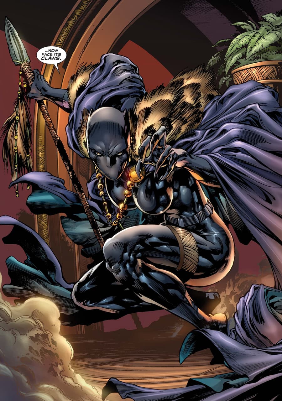 Shuri steps up as the Black Panther in BLACK PANTHER (2009) #5 by Reginald Hudlin, Ken Lashley, Paul Neary, and Paul Mounts.