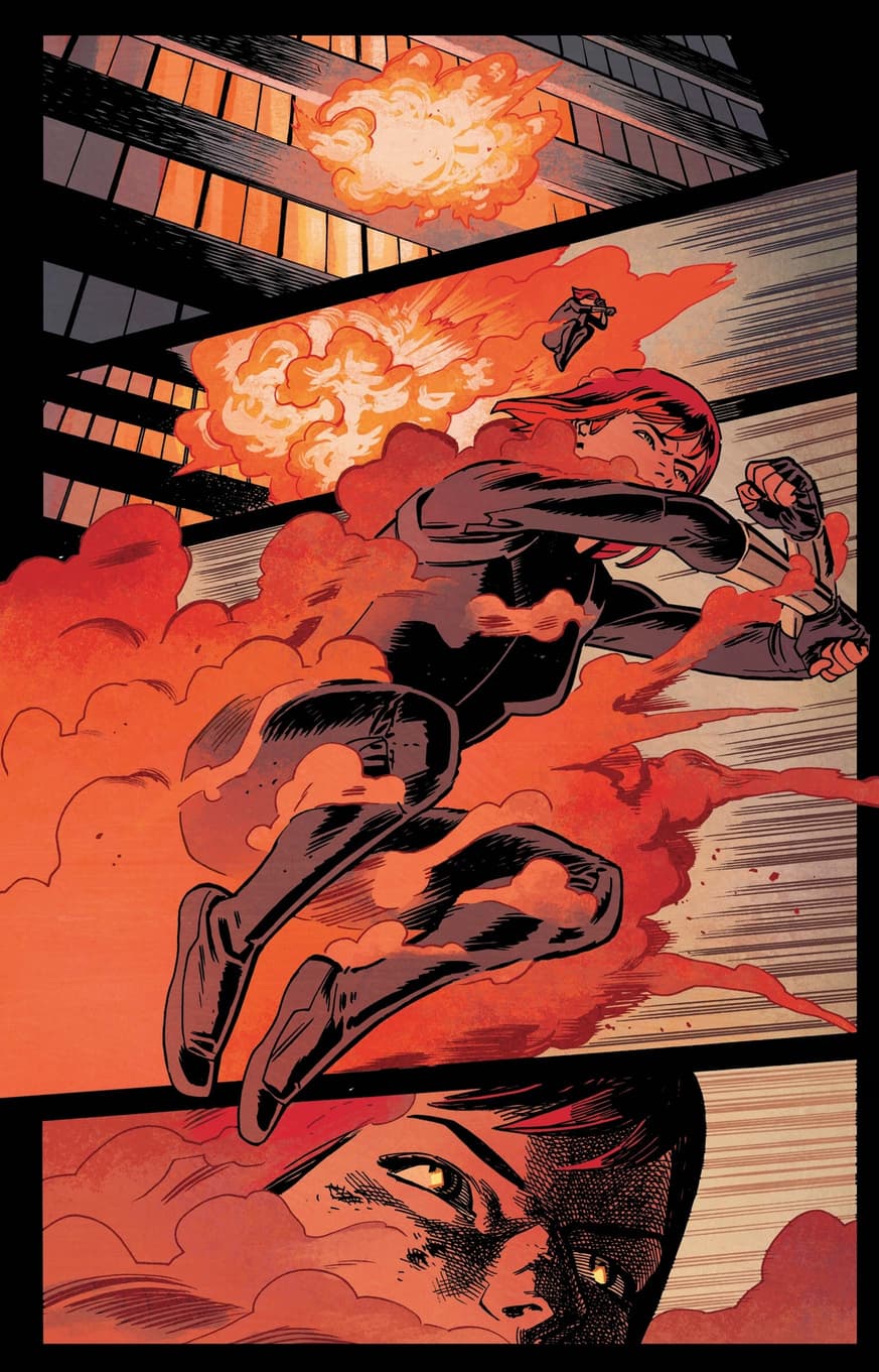 Black Widow escapes an explosion in BLACK WIDOW (2016) #1.