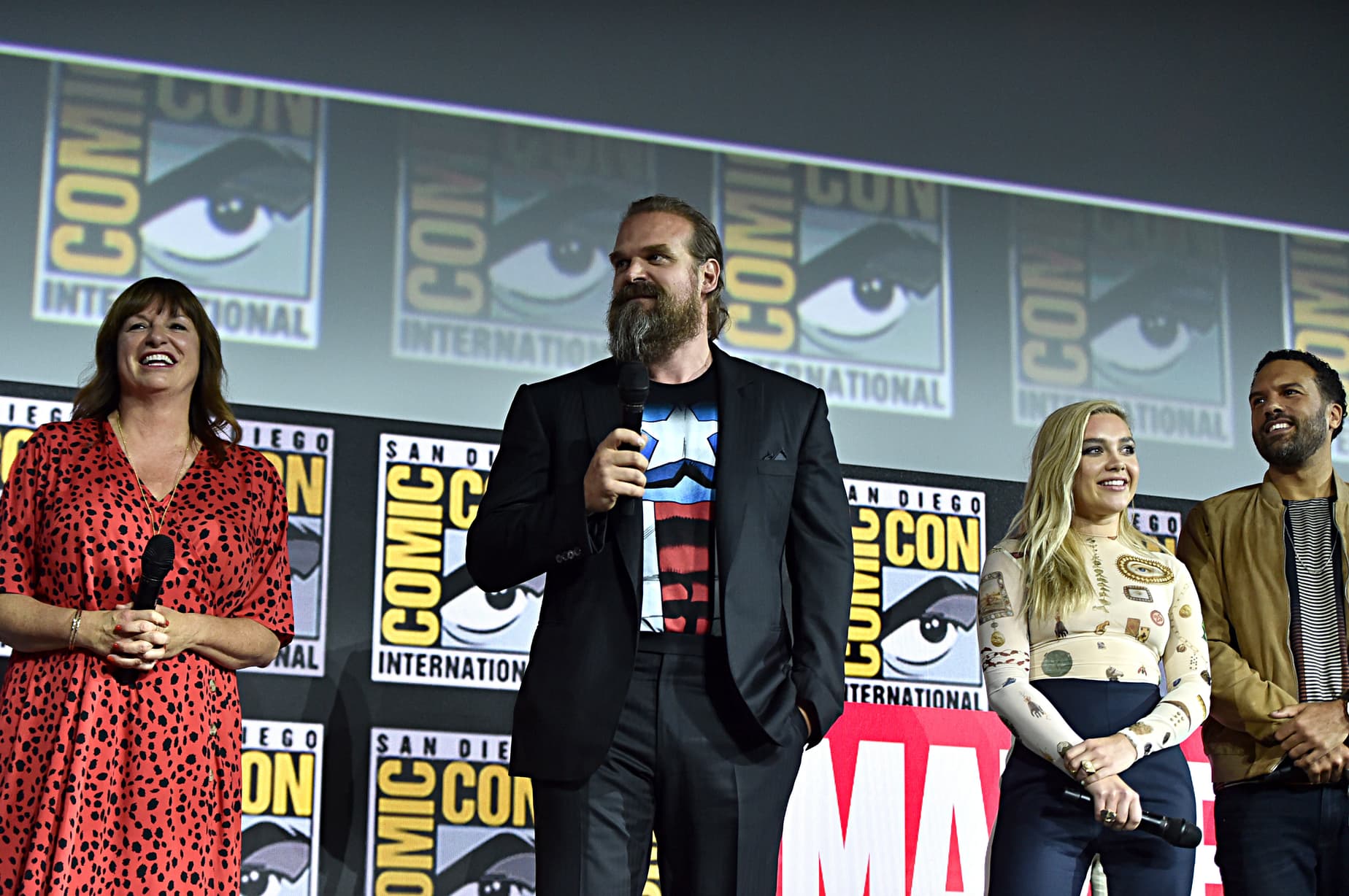 Cate Shortland, David Harbour, Florence Pugh, and O-T Fagbenle