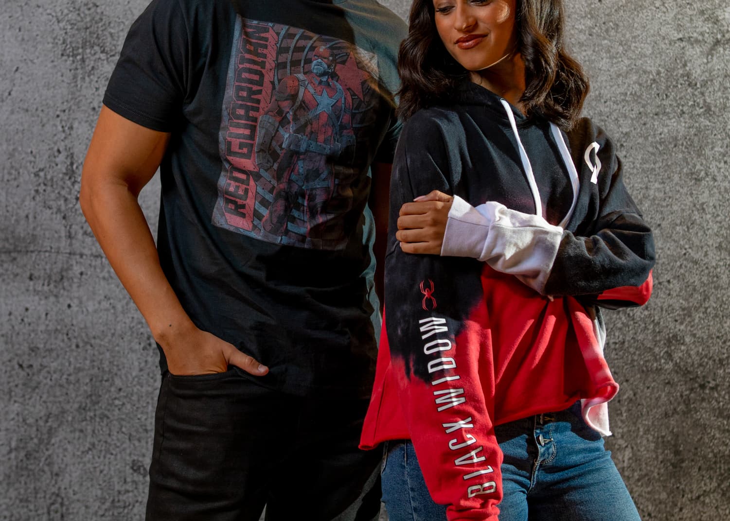Red Guardian Tee and Black Widow Tie Dye Hoodie