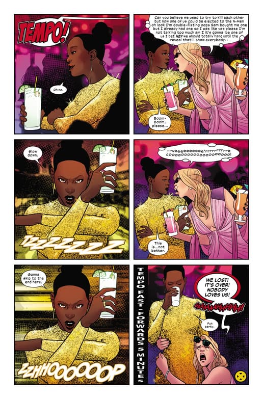 Boom-Boom and Tempo in OVER SERVED: Written by Zeb Wells, art by Nico Leon, colors by Rachelle Rosenberg.
