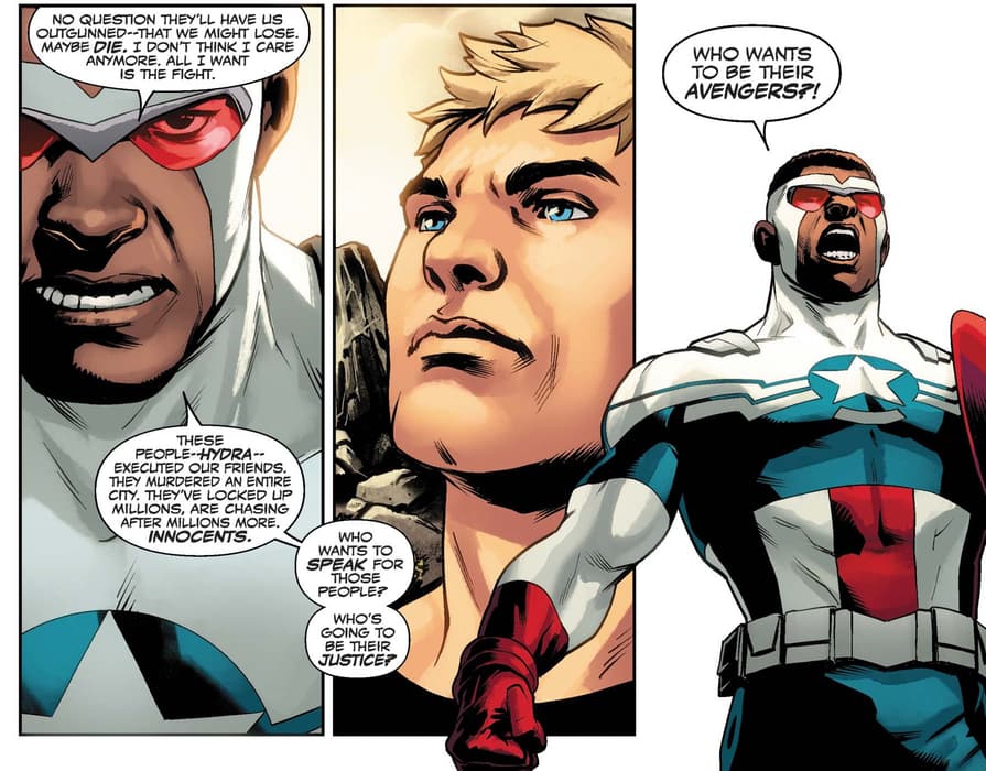 Sam rallies the Avengers in CAPTAIN AMERICA (2018) #25.