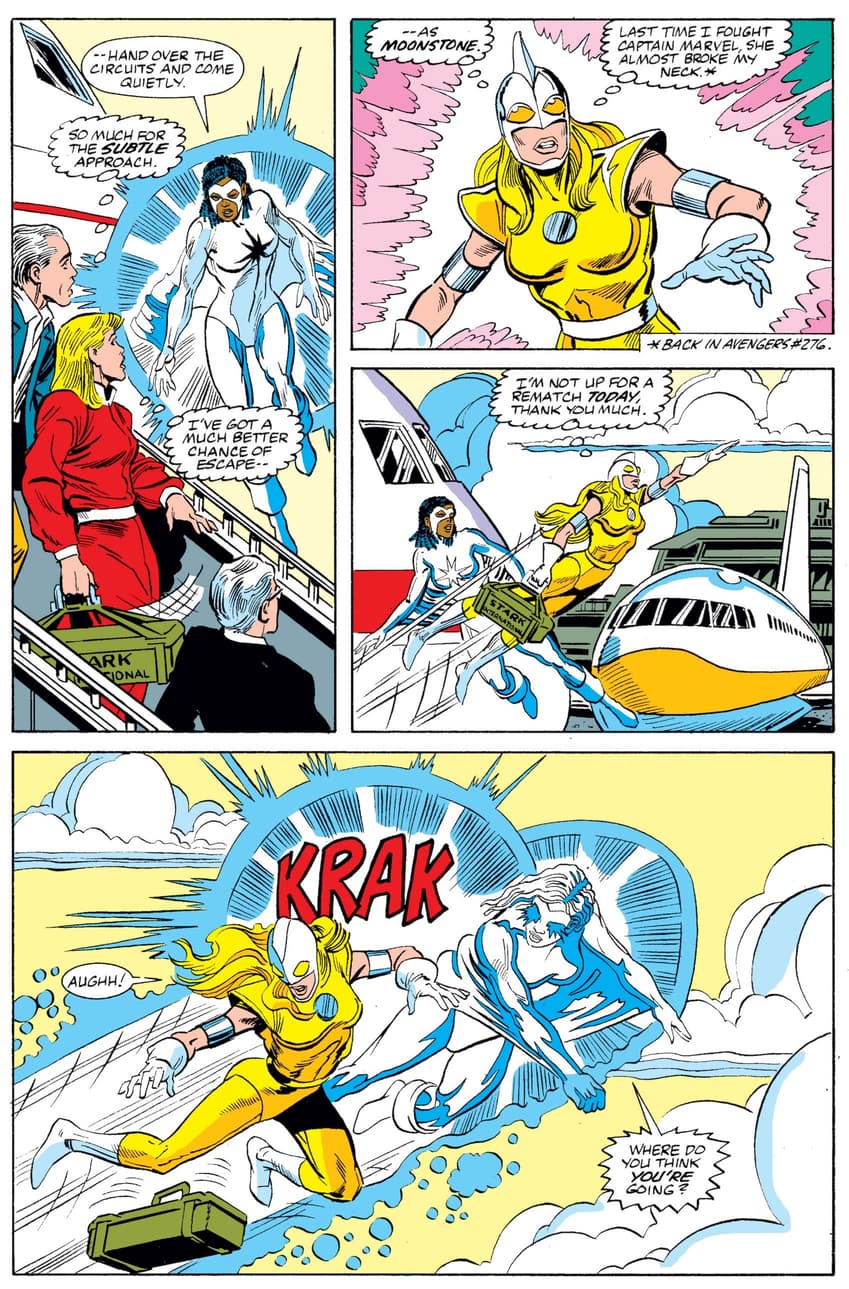 Monica Rambeau in her Captain Marvel form versus Moonstone.