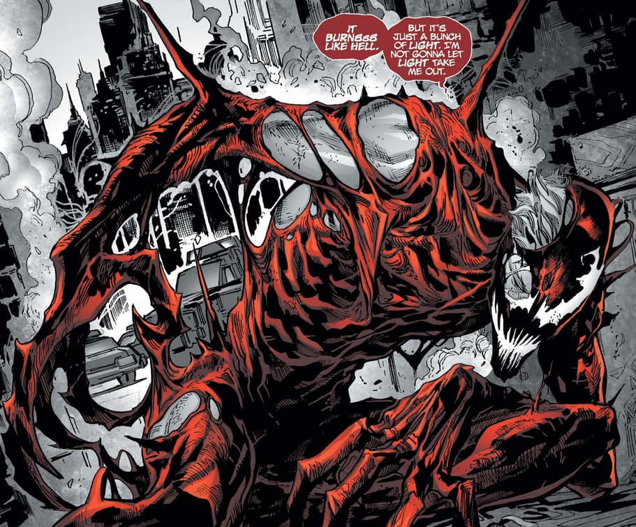 Carnage feels the burn in CARNAGE: BLACK, WHITE & BLOOD (2021) #1.