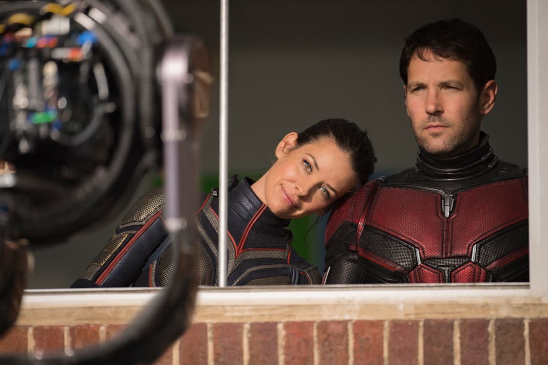 The Wasp/Hope van Dyne (Evangeline Lilly) and Ant-Man/Scott Lang (Paul Rudd) BTS on set.