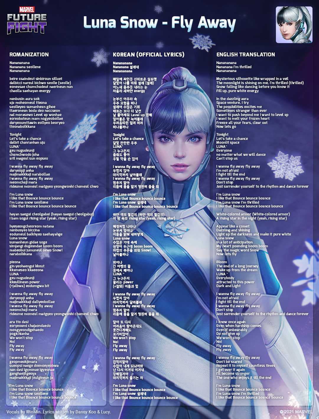 MARVEL Future Fight Luna Snow "Fly Away" Songsheet Lyrics Korean and English Vocals by MinMin Written by Danny Koo & Lucy