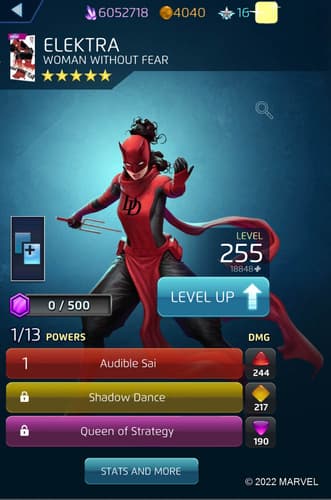 MARVEL Puzzle Quest Elektra Woman Without Fear Character Info Screen