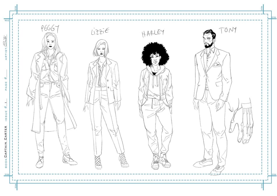 Character ink designs for Peggy Carter, and additional cast, by Marika Cresta.