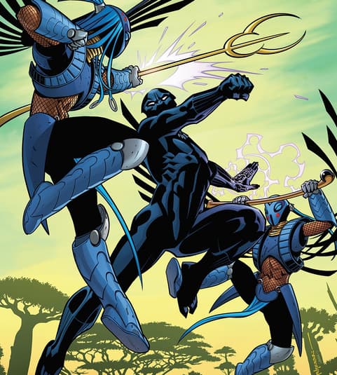 Cover to BLACK PANTHER (2016) #3: Ayo and Aneka versus Black Panther in the Midnight Angel’s prototype armor.