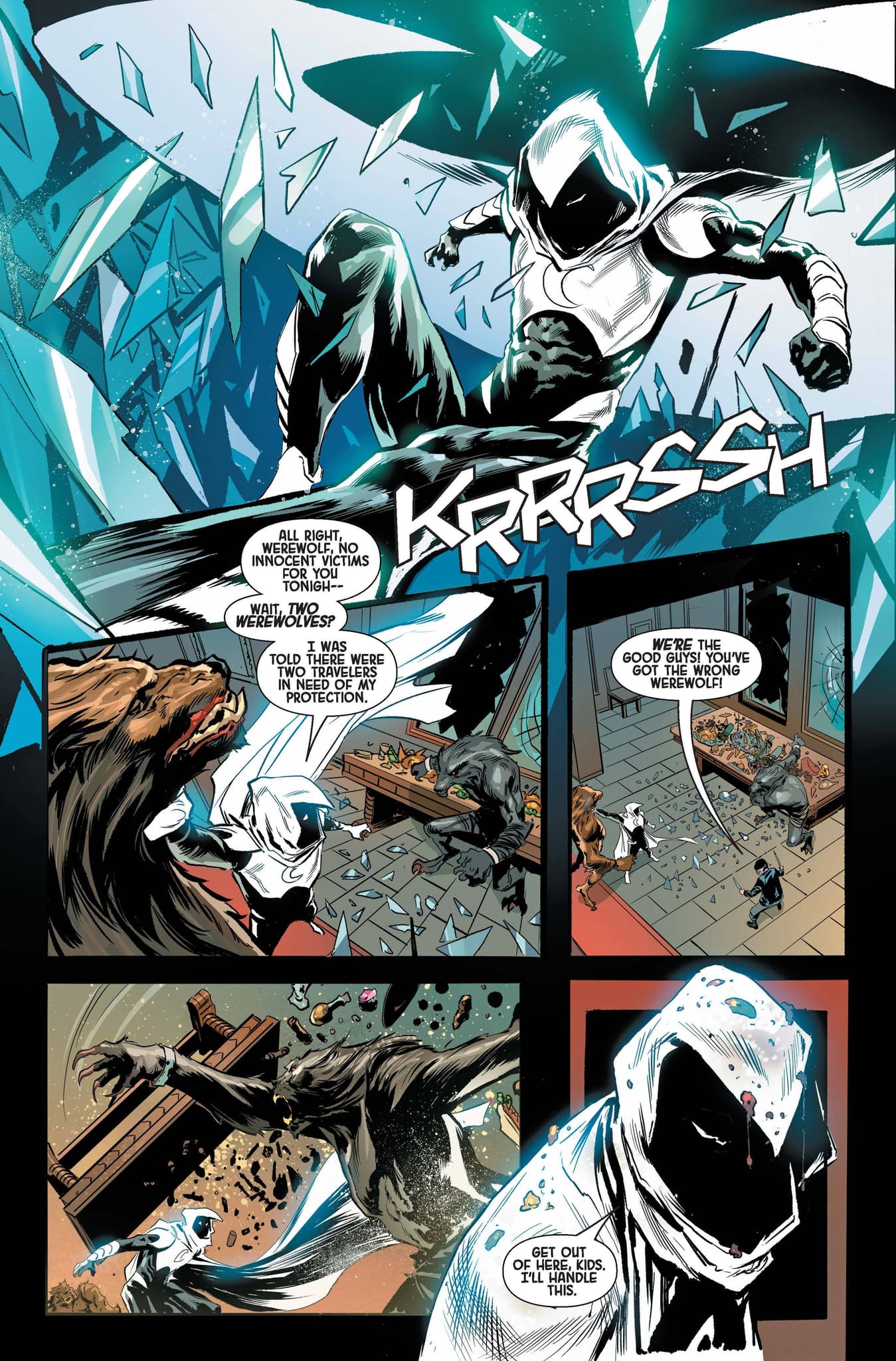CRYPT OF SHADOWS (2022) #1: "Werewolf by Moon Knight" page by Rebecca Roanhorse and Geoff Shaw