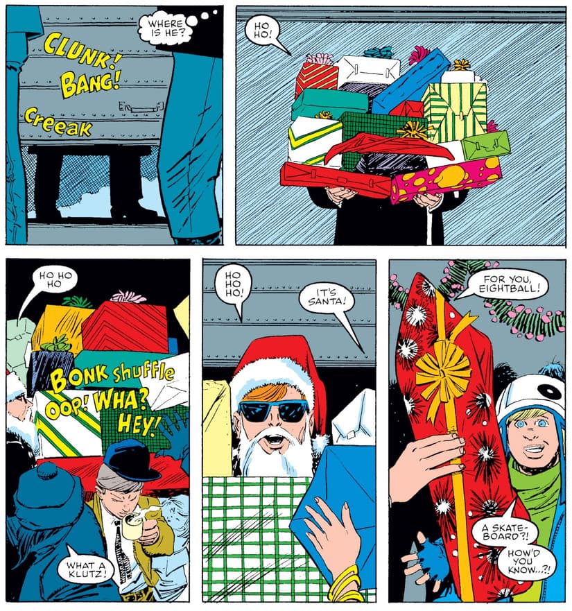 Matt Murdock, dressed as Santa, delivers Christmas cheer and gifts.