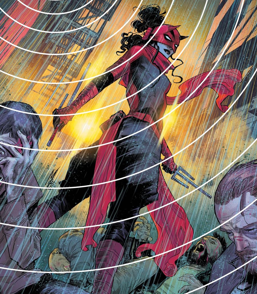 Elektra emerges from the flames as Daredevil.