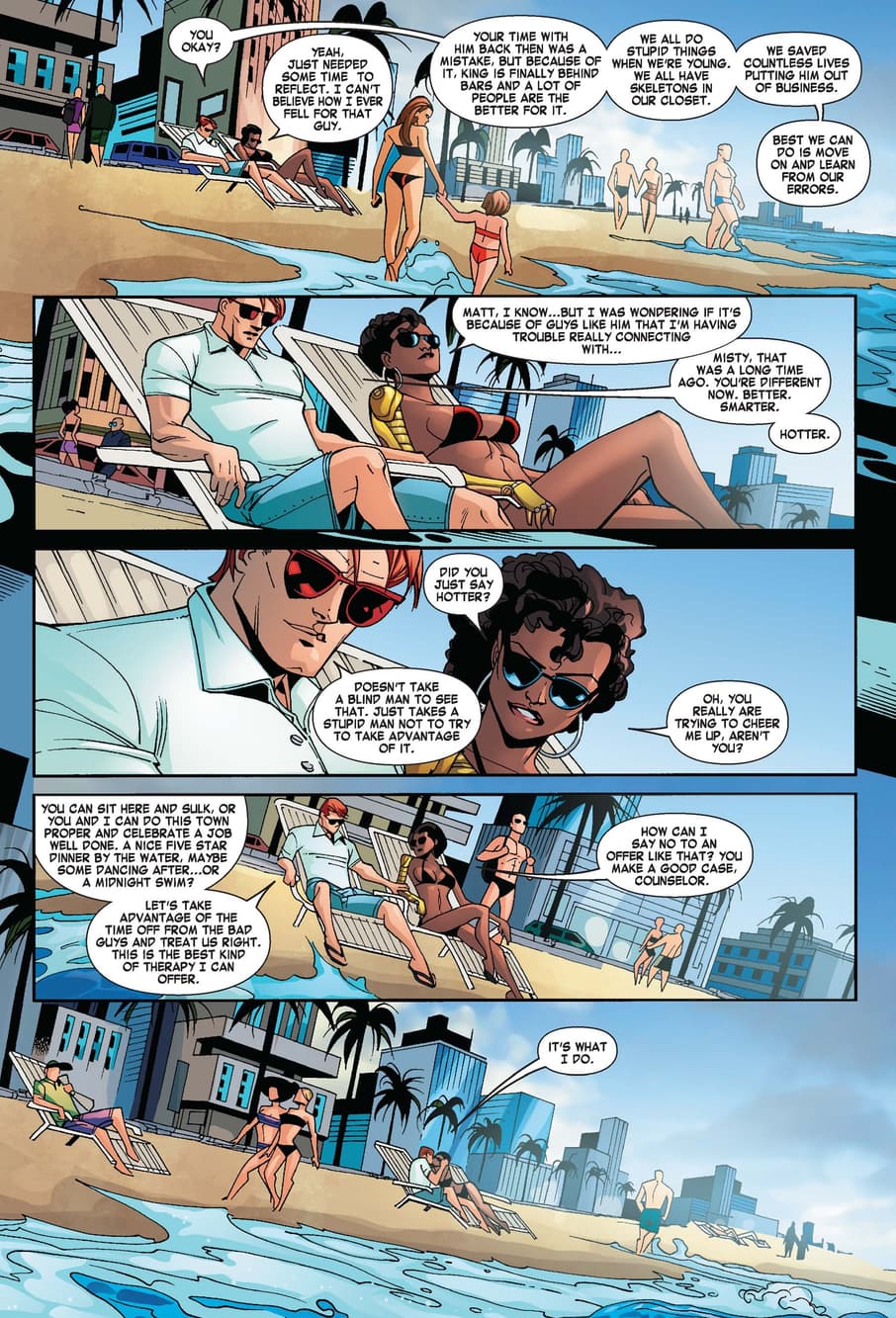 Daredevil and Misty Knight kick back and relax on the beach.