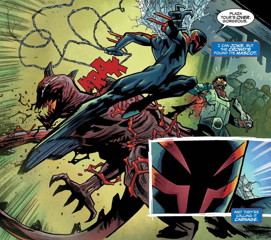 Spider-Man 2099 versus Carnage in SPIDER-MAN 2099: DARK GENESIS (2023) #1.