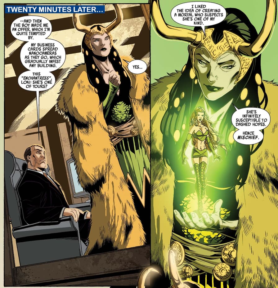 Loki reveals Sylvie’s true nature as the god’s manifestation in DARK REIGN: YOUNG AVENGERS (2009) #4.